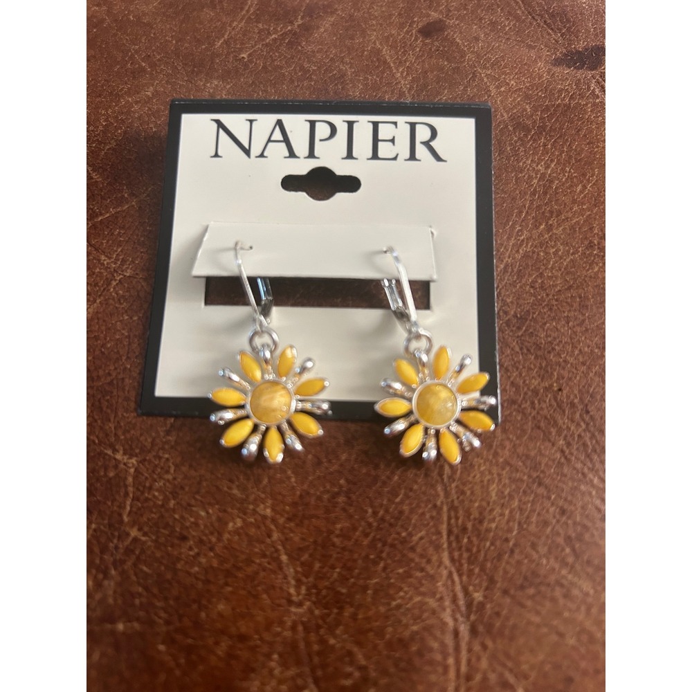 Napier Yellow Sunflower Enamel Silver Tone Lever Back Drop Earrings NWT